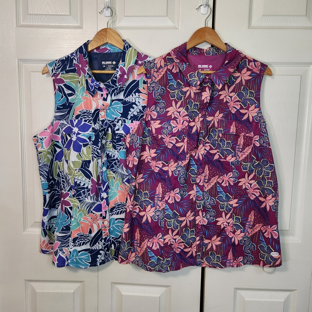 Reel Legends Mariner 1X Lot of 2 Sleeveless Fishing Shirts Tropical Floral Mesh